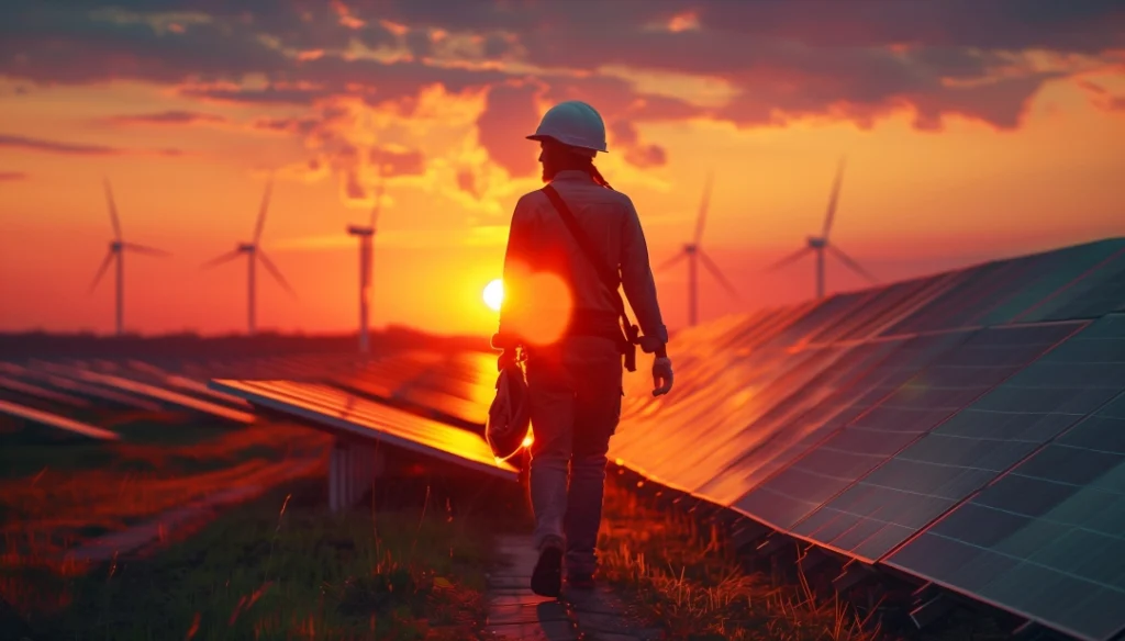 Technician_Walking_in_Solar_Farm_at_Sunset